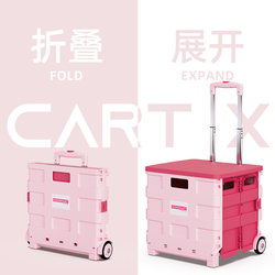 Portable Shopping Cart, Small Trolley, Push-Pull Cart, Plastic Folding Supermarket Shopping Cart, Outdoor Camping