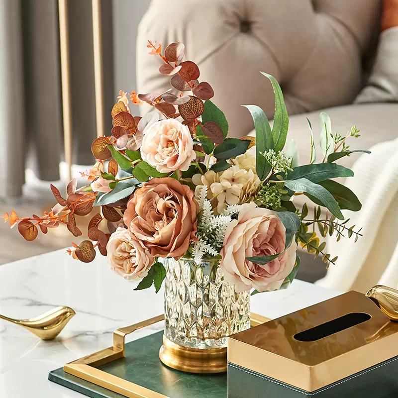 复古仿真玫瑰花花瓶花艺套装茶几床头餐桌花欧式假花装饰