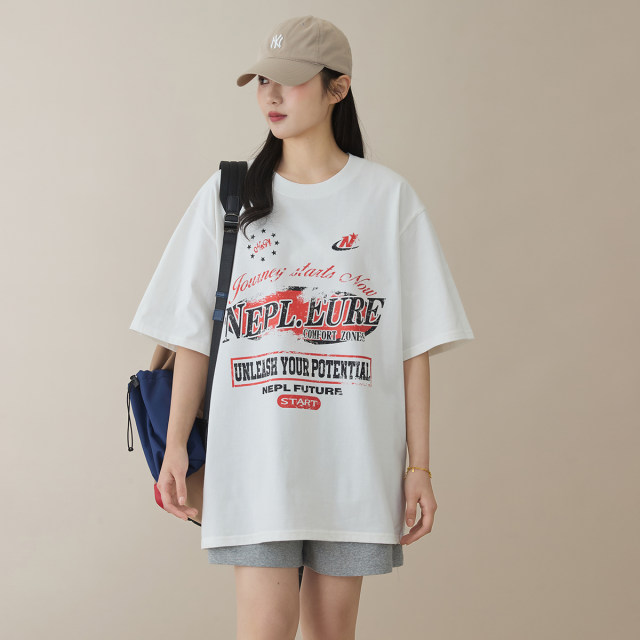 American retro fun printed white black short-sleeved T-shirt for women loose casual 260g pure cotton couple half-sleeved shirt

