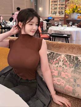 
Korean style sexy sexy breast-showing large turtleneck sleeveless vest spring tight-fitting slimming elastic slightly see-through thin t-shirt top