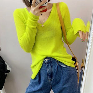 Wool needle knitting bottom shirt spring autumn dressing candy color Korean elastic v -neck repair thin long sleeves with sweater women
