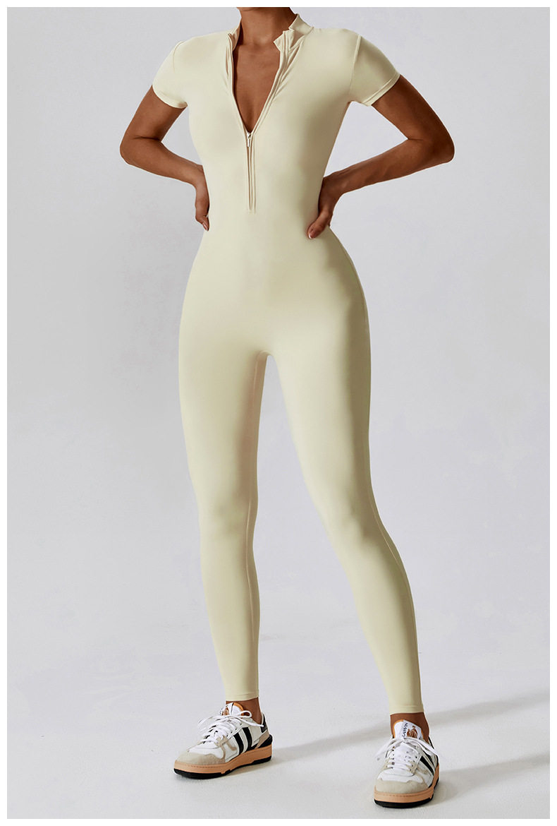 HSQSMWJ Mono De Yoga Deportivo Acanalado De Manga Corta Con Cremallera Frontal Para Mujer, Almendra, Pequeña