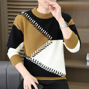 
2025 men's new autumn and winter round neck stitching contrasting sweater men's thickened inner wear trendy brand top casual winter wear