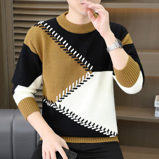 
2025 men's new autumn and winter round neck stitching contrasting sweater men's thickened inner wear trendy brand top casual winter wear