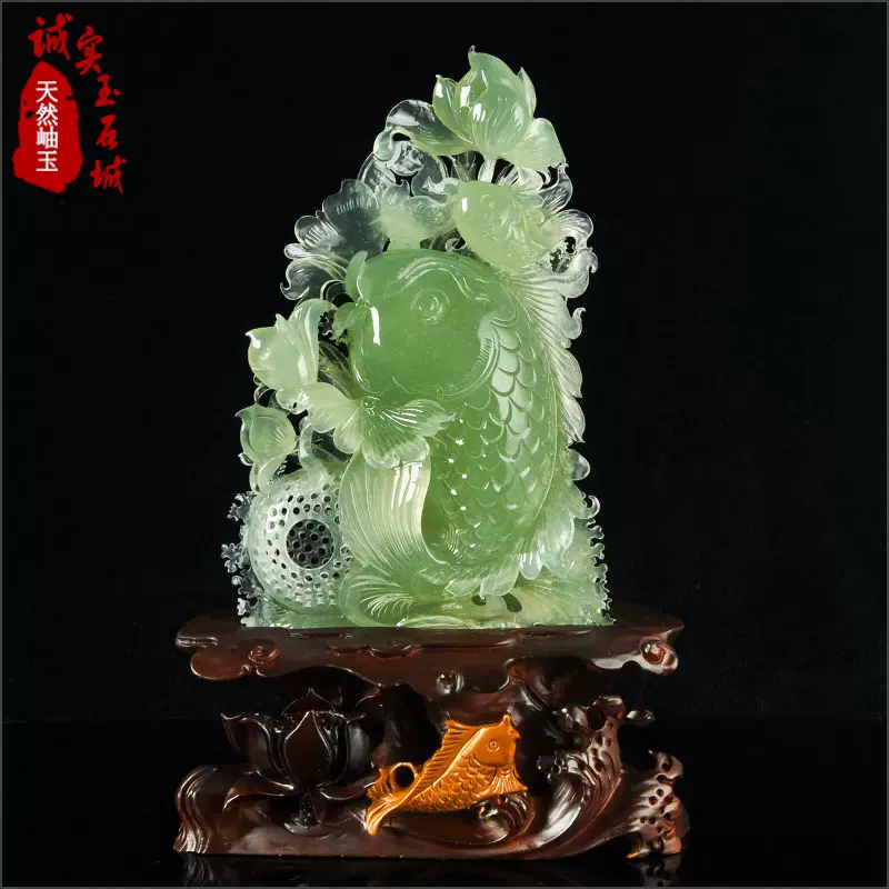 中国 玉石岫玉彫刻 鳥魚刻 置物 C 5186-
