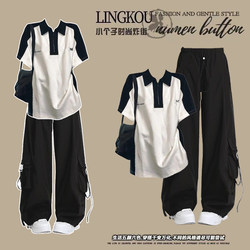 College Style Outfit for Older Children, a Complete Set of Summer Clothes for Girls, Polo Collar Short-Sleeved T-Shirt, Two-Piece Set of Overalls for Junior High School Students