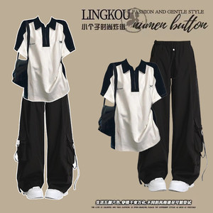 
College-style older children's outfit, a complete set of girls' summer clothes, polo collar short-sleeved T-shirt, junior high school students' overalls two-piece set