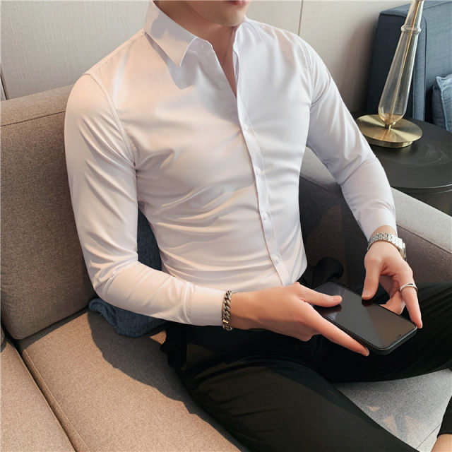 2024 high-end gray long-sleeved suit shirt for men with elastic inner ...