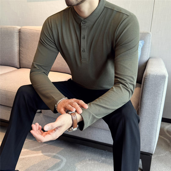 
2026 new men's sports gym tops running training clothes spring and autumn round neck long-sleeved T-shirt Henry collar base