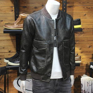 Retro -made old male baseball collar leather jacket edge design thread stand -up collar young handsome slim leather jacket
