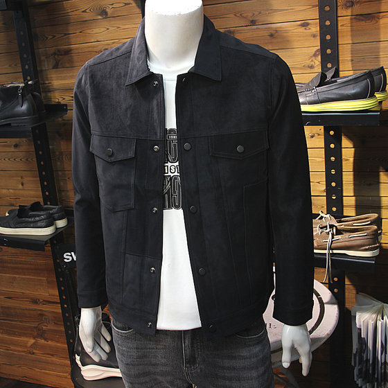 
Nubuck leather men's lapel leather jacket, simple splicing design, fashionable and handsome youth, slim casual spring and autumn leather jacket
