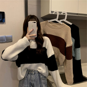 
Color-blocked sweater for women in spring and autumn wear new loose pullover retro lazy style short striped sweater top for women