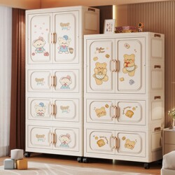 Cartoon Storage Cabinet Children's Wardrobe Household Foldable Multi-Layer Storage Cabinet with Wheels No Installation Required Baby Bedroom Wardrobe