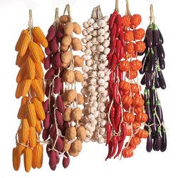 Extended Artificial Vegetable and Fruit Bunches, Fake Corn, Peppers, Garlic, Persimmons, Lemons, Apples, Peaches, Farmhouse Decorative Hanging Ornaments