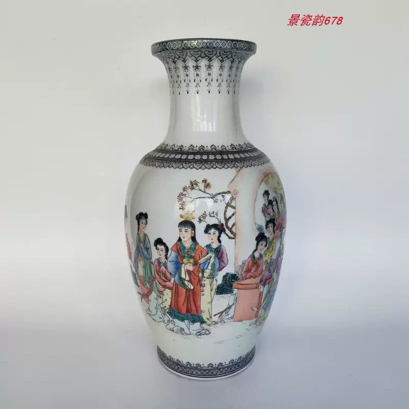 景德镇陶瓷艺术瓷厂八十年代老厂货仿古粉彩仕女花篮瓶花瓶摆件-Taobao