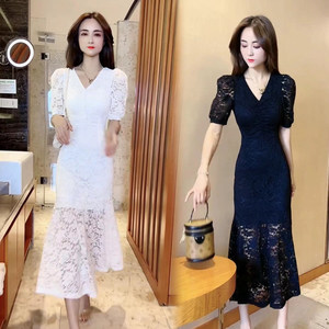 2025 summer new Korean style fashion V-neck fishtail cheongsam long skirt lace high-waisted dress for women fashion slim fit