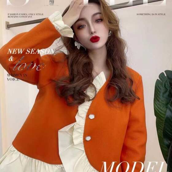 
2026 Spring and Autumn New Korean Fashion Style Slim Short Woolen Jacket Women's Ruffled Lace Woolen Top