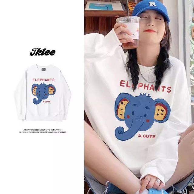 Korean chic cartoon printed white round neck sweatshirt for women ins loose large size autumn and winter plus velvet long-sleeved top