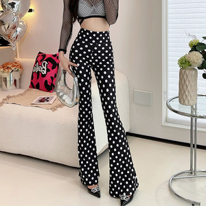 
Women's trousers, high waist, slim fit, black polka dot print, fashionable and versatile trousers, tight hip-hugging flared trousers, thin