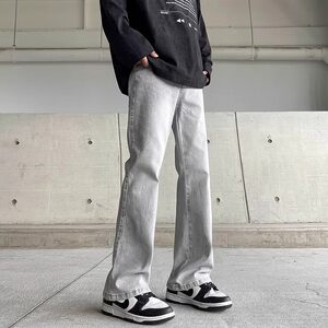 
American scimitar micro-flare retro jeans for men and women, slim fit, cement gray, high-end scimitar long pants