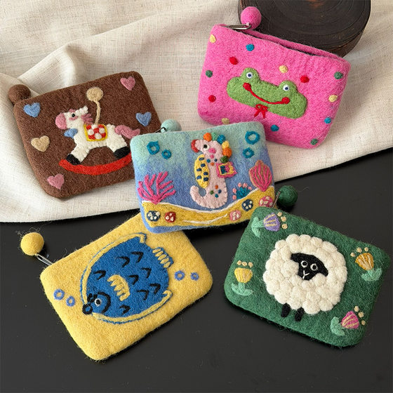 
Cute handmade wool felt coin purse cartoon animal lamb card holder mobile phone bag creative accessories wallet storage bag