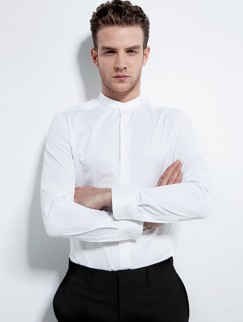 元本basique 秋冬新款修身小立领男士长袖衬衫 纯棉中国风