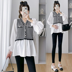 
Maternity wear 2025 autumn new Korean fashion fake two-piece top + belly support leggings maternity suit