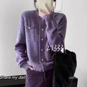 
European station high-end honey bear velvet purple brushed floral yarn round neck good-looking sweater wool sweater top new style for women