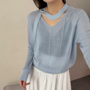 
French V-neck halter neck hollow sweater for women, loose, lazy style, wool thin pullover sweater, long sleeves for women