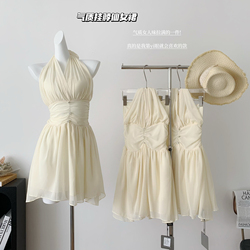 Peach Homemade Summer Temperament White Chiffon Halter Neck Dress Waistless Sleeveless Strapless Short Fairy Dress