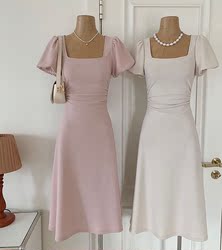 Peach Homemade Small Waist Fine Square Collar Temperament Dress 2023 New Female High-end Sense Waist Skirt Summer
