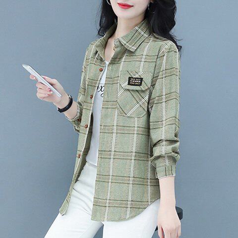 Plaid cotton shirt for summer new pure cotton thin women's large-size cardigan casual top trendy long-sleeved sun protection clothing
