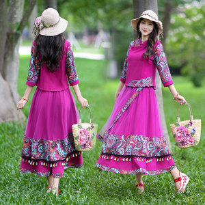 Chinese style printing Chinese -style improved cheongsam top set women autumn clothing, currently blooming skirt, two -piece sleeve