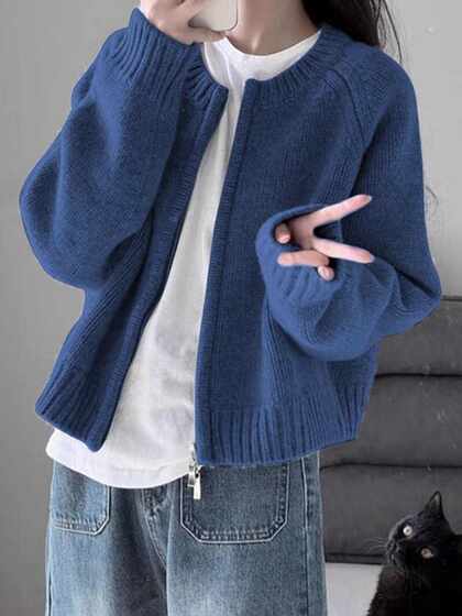 
Extra large size 300*0.5kg short sweater jacket for women fat mm spring and autumn new Korean style lazy style zipper knitted cardigan