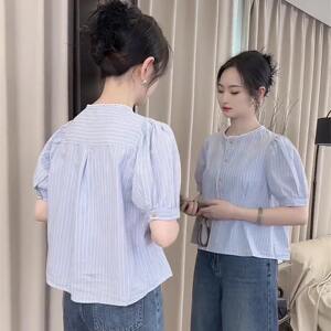 
French lace collar short-sleeved shirt women's thin summer 2025 new Korean version loose small striped shirt trendy