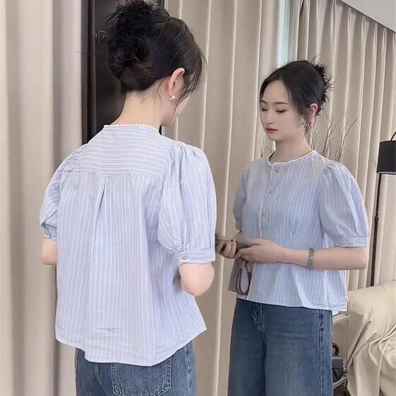 
French lace collar short-sleeved shirt women's thin summer 2025 new Korean version loose small striped shirt trendy