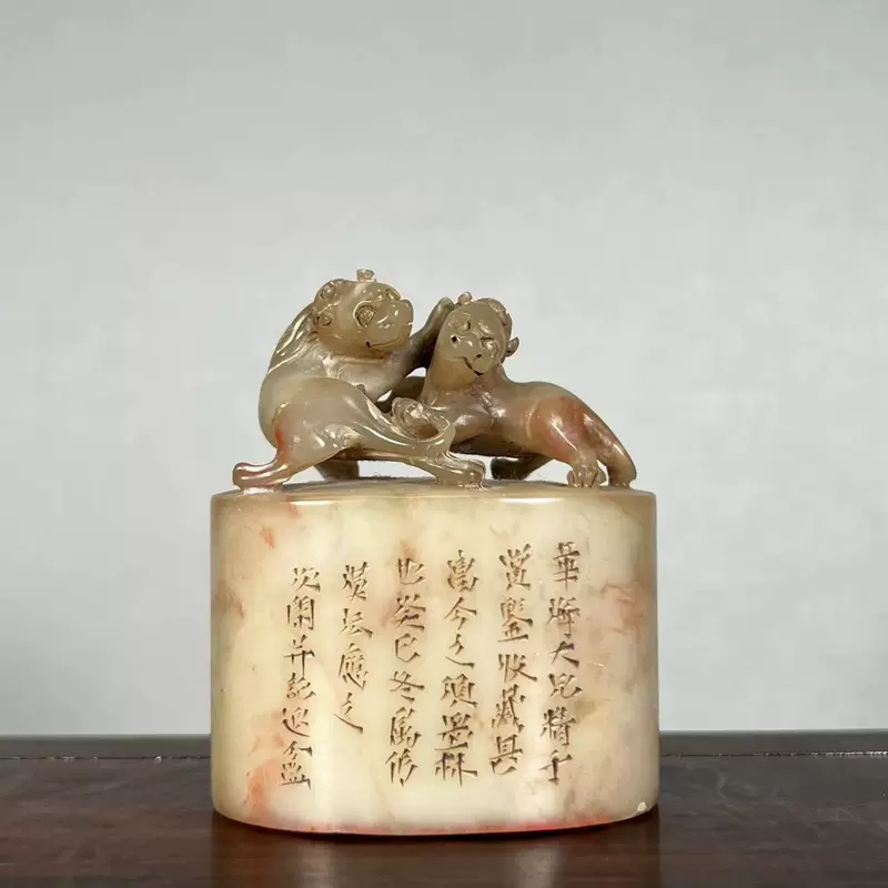 【得価超特価】中国彫刻　彫刻　人物動物　二本物　在銘 置物