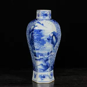 清・康熙年製款・古陶磁器・青花山水人物景六方瓶・箱付』極細
