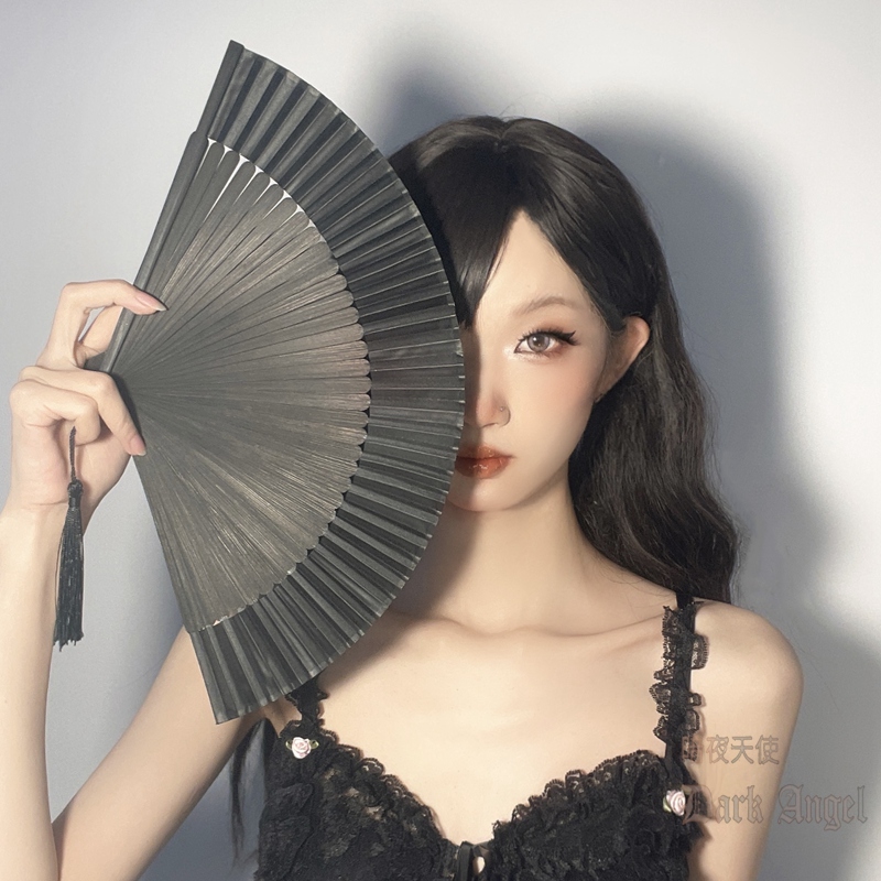 アンティークフレーム額装 シルク手描き扇 天使と女性の情景