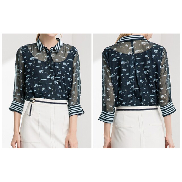 Ish Xia Lanwei five -point sleeve printed chiffon shirt female summer new design sense shows thin shirt fake two tops