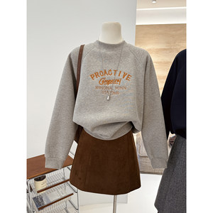 
Autumn and winter new Korean style retro embroidered letters lazy casual plus velvet thickened warm half turtleneck pullover sweatshirt for women