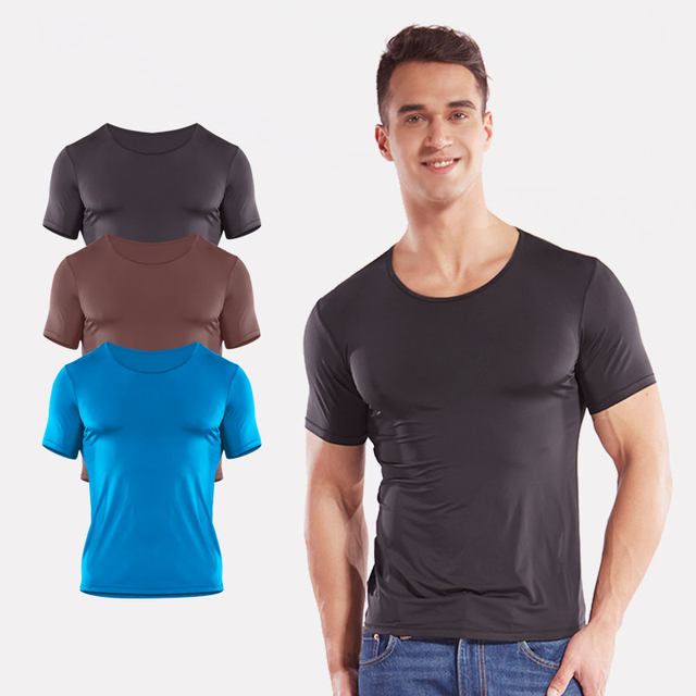 Slim-fitting real ice silk T-shirt men's short-sleeved round neck ...