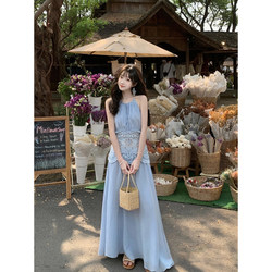 Seaside Resort Style Embroidered Halter Dress for Women, New Summer Style, French Style, Waist-Cinching, Stunning Suspender Long Skirt