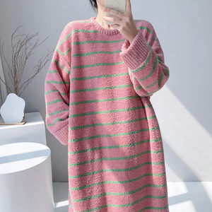 
Striped coral velvet nightgown for women winter thickened warm long half velvet home clothes simple and high-end 25 new style