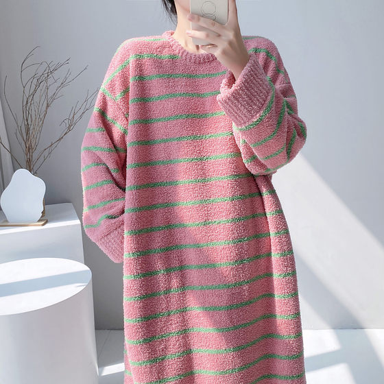 
Striped coral velvet nightgown for women winter thickened warm long half velvet home clothes simple and high-end 25 new style