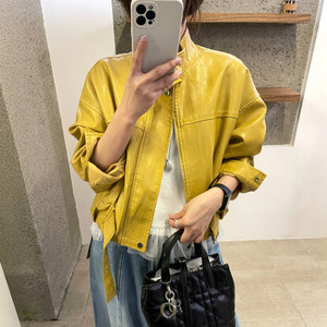 
Retro stand-up collar protein leather PU leather jacket for women European station 2026 spring new style European women's jacket short coat trendy