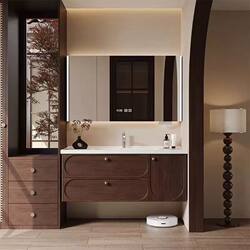 French-Style Ceramic Integrated Basin Bathroom Cabinet, Vintage Oak Lacquered Bathroom Cabinet, Washbasin Cabinet Combination