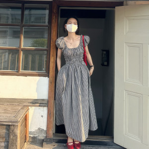 
Jinsu plaid waist-closing dress for women 2025 summer Korean version of niche texture and temperament long skirt chic skirt