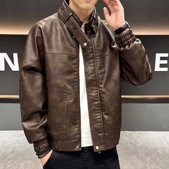 
Stand collar leather jacket for men 2026 spring and autumn pebbled pattern American retro workwear motorcycle casual versatile jacket