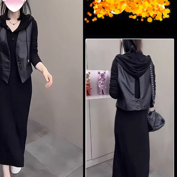 Autumn wear a complete set of plus size fat mm vest jacket hooded dress temperament age-reducing black suit for women